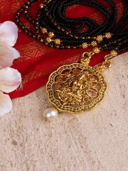 Ethnic Gold Tone Black Patterned Mangalsutra with Goddess Motif