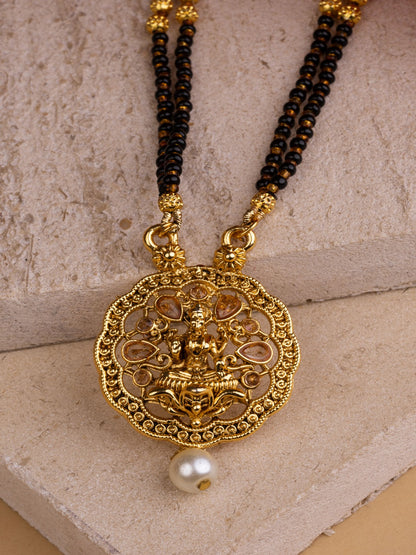 Ethnic Gold Tone Black Patterned Mangalsutra with Goddess Motif