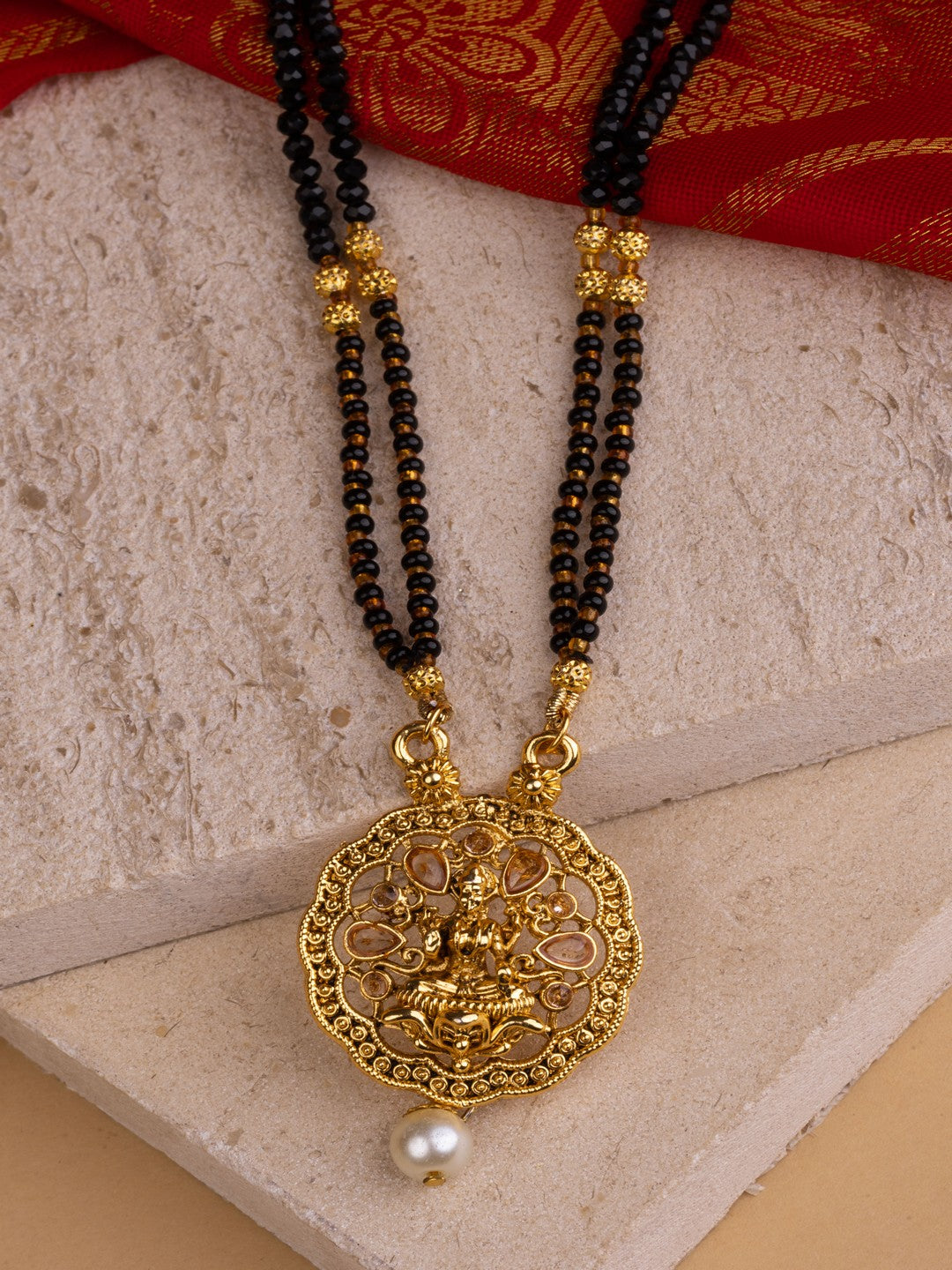 Ethnic Gold Tone Black Patterned Mangalsutra with Goddess Motif