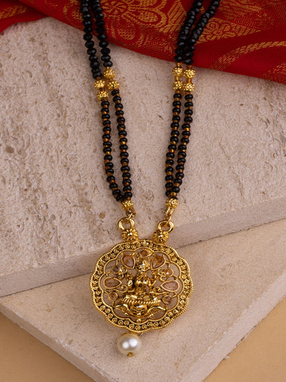 Ethnic Gold Tone Black Patterned Mangalsutra with Goddess Motif