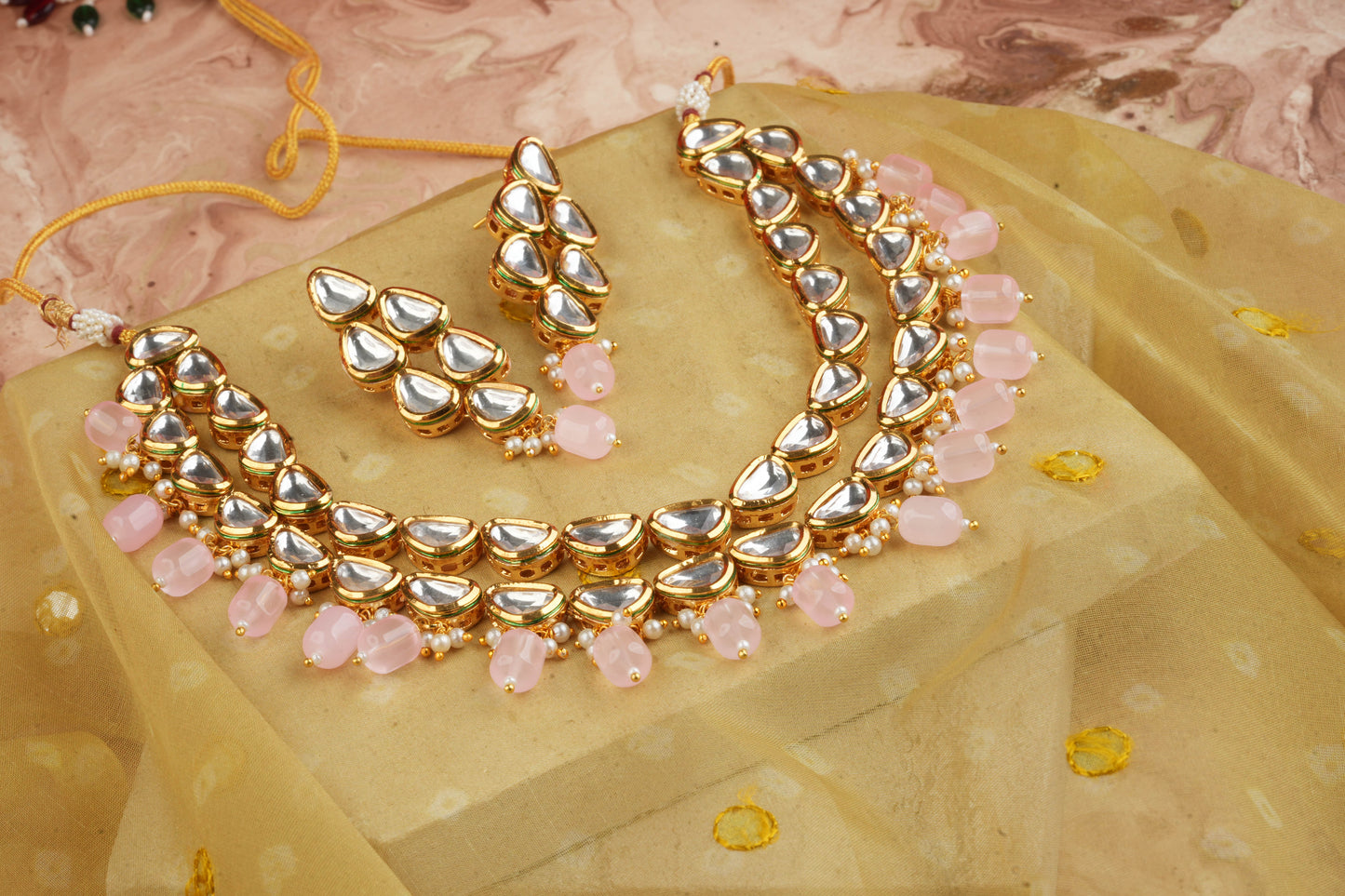 Ethnic Kundan Jewellery Set With Pink Drops