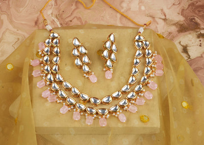 Ethnic Kundan Jewellery Set With Pink Drops