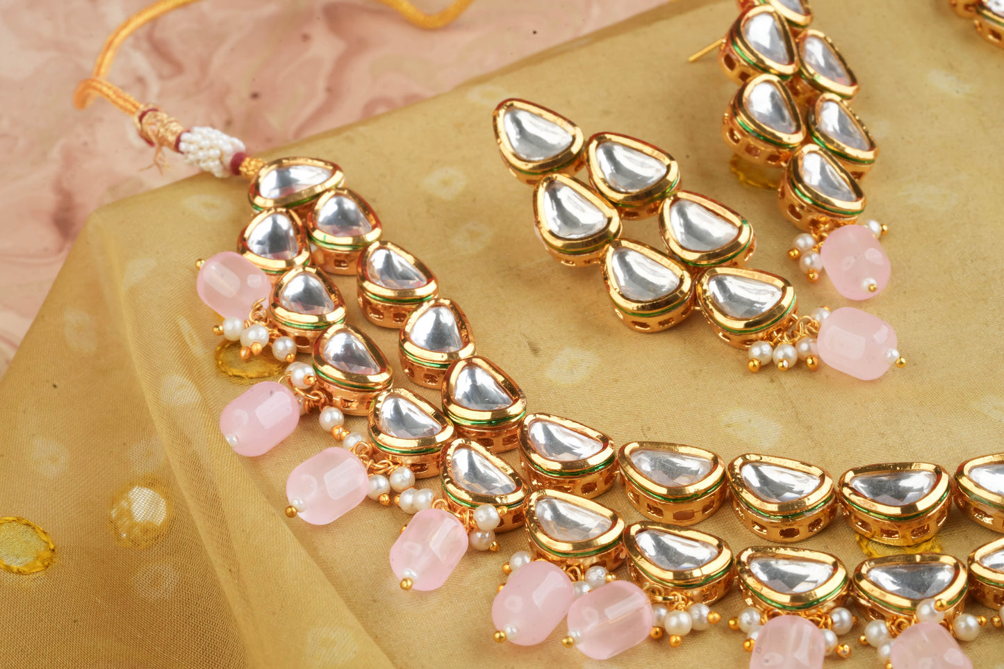 Ethnic Kundan Jewellery Set With Pink Drops