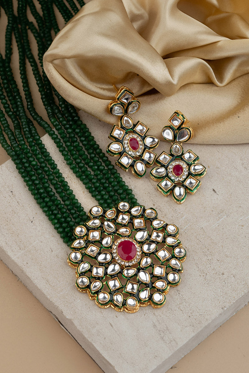 Yellow Gold-Plated White Kundan & Green Beaded  Necklace Set