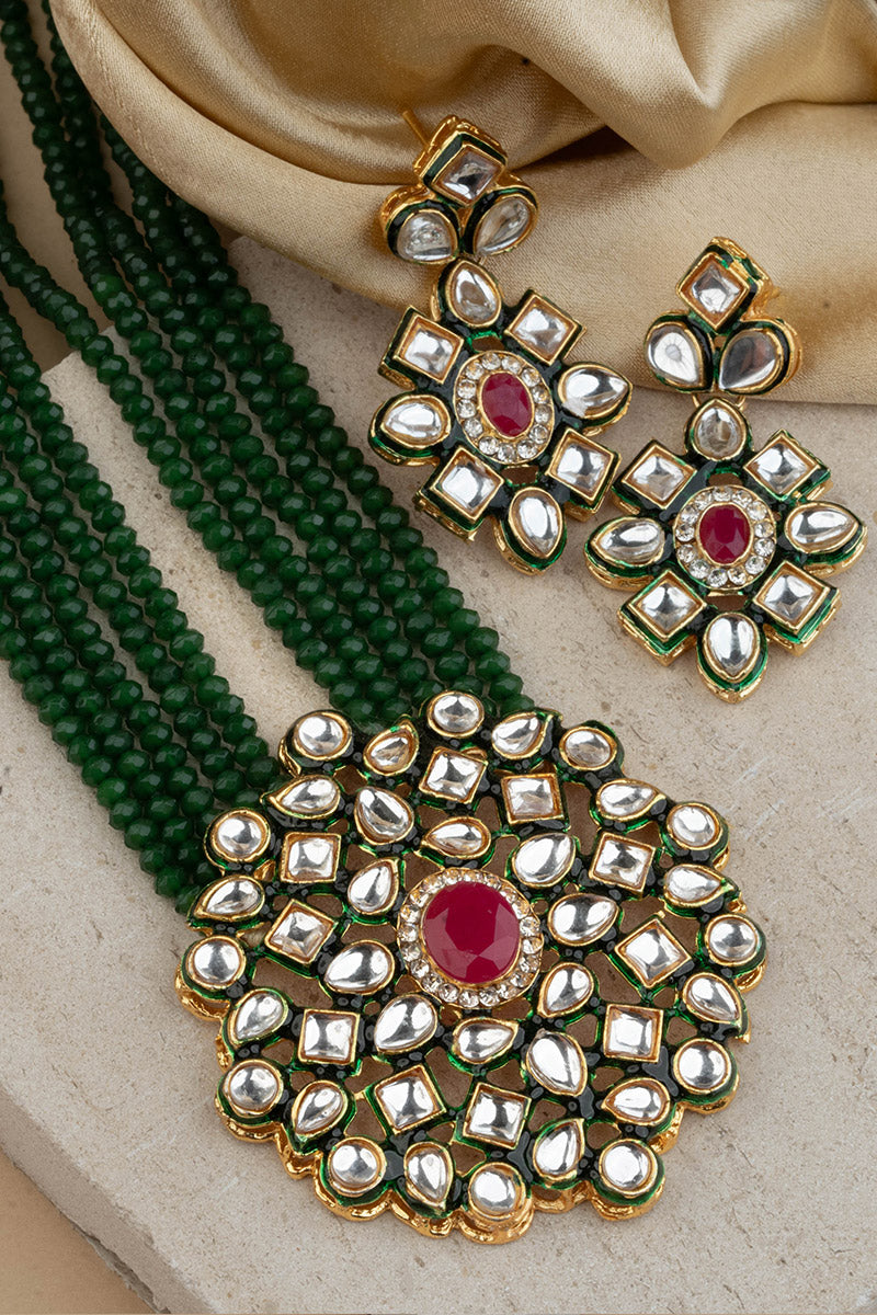 Yellow Gold-Plated White Kundan & Green Beaded  Necklace Set