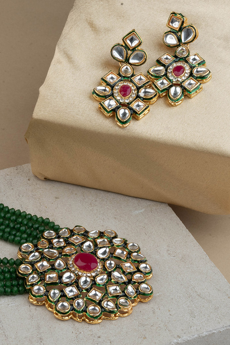 Yellow Gold-Plated White Kundan & Green Beaded  Necklace Set