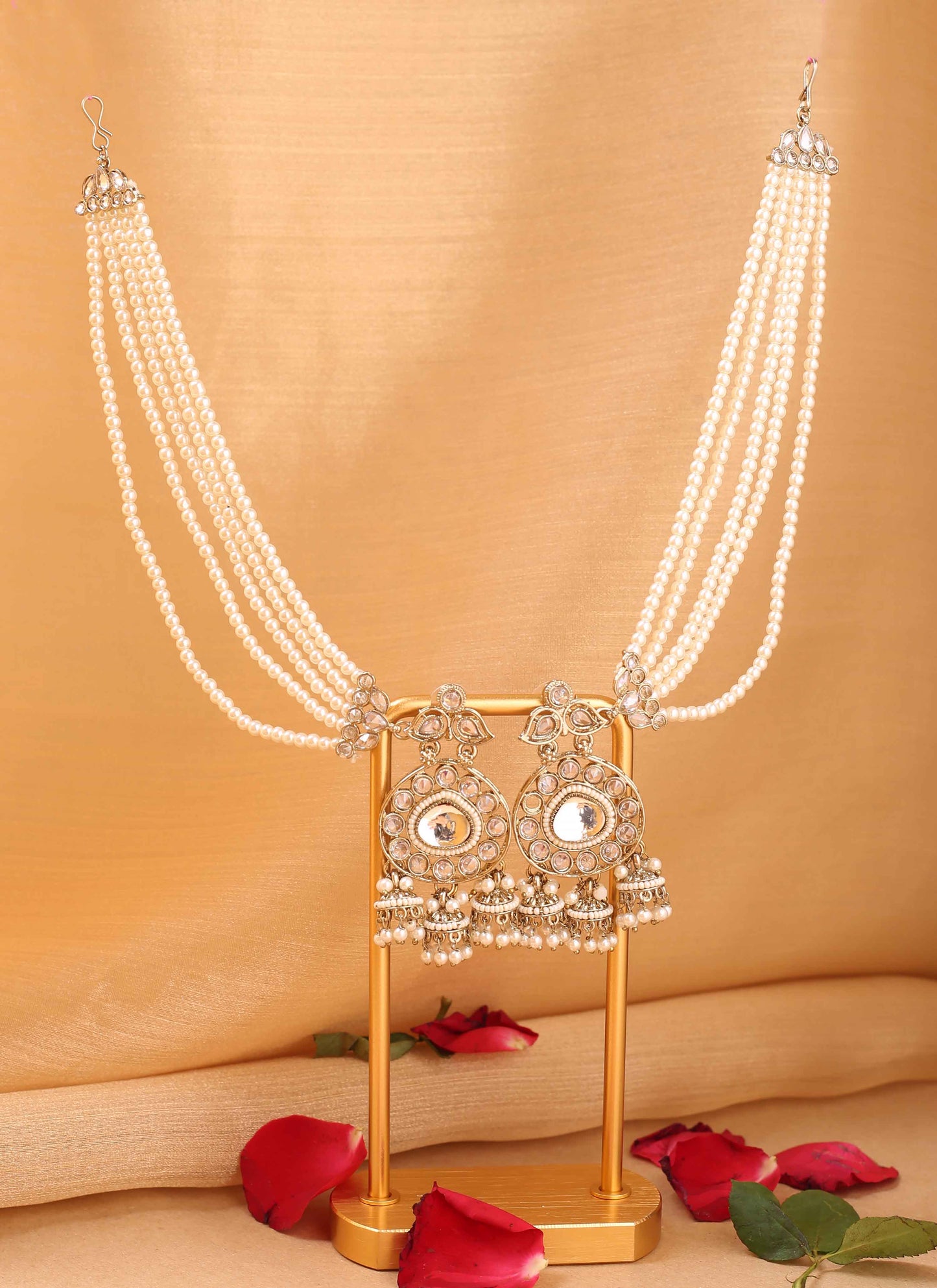 Kundan earrings with pearl ear chain