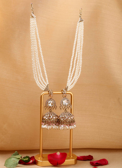 American diamond jhumkas with pearl ear chain and pink accents