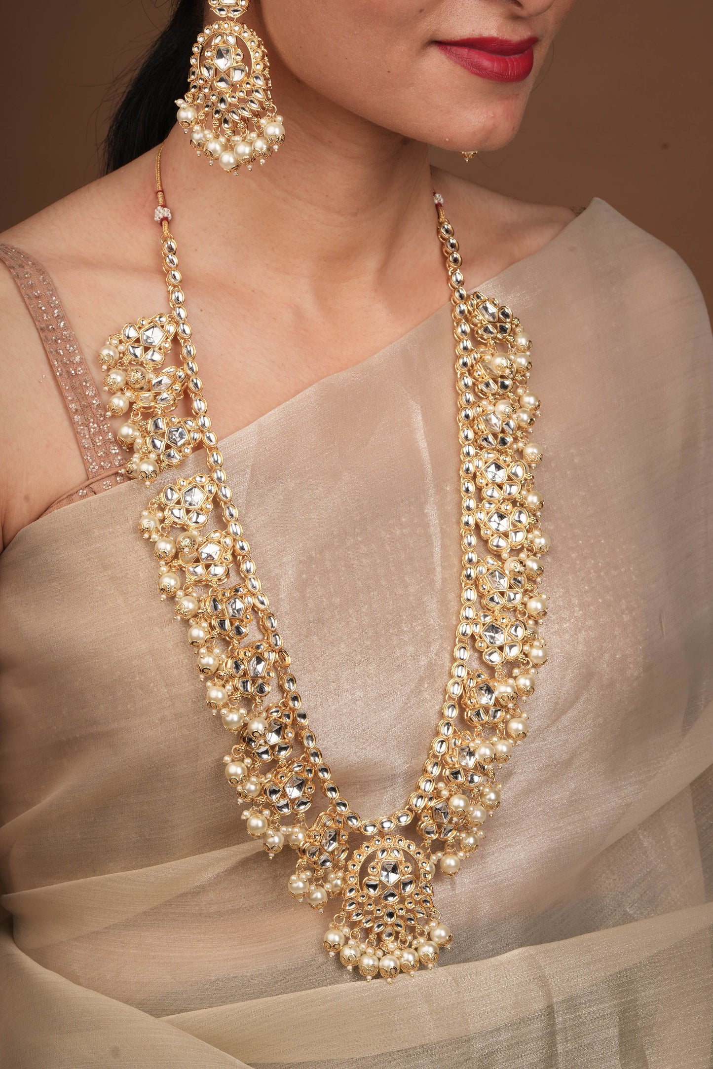 Kundan & Pearl-Studded White Gold Necklace Set