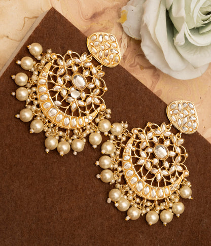 Embellished Gold Chandbalis with Off White Kundan Drops