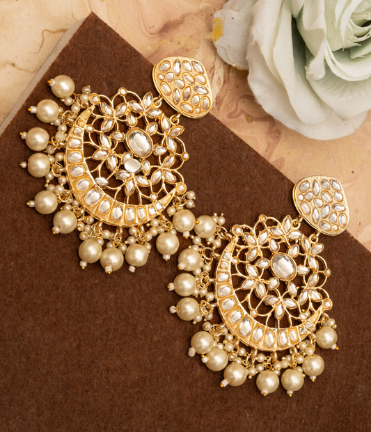 Embellished Gold Chandbalis with Off White Kundan Drops