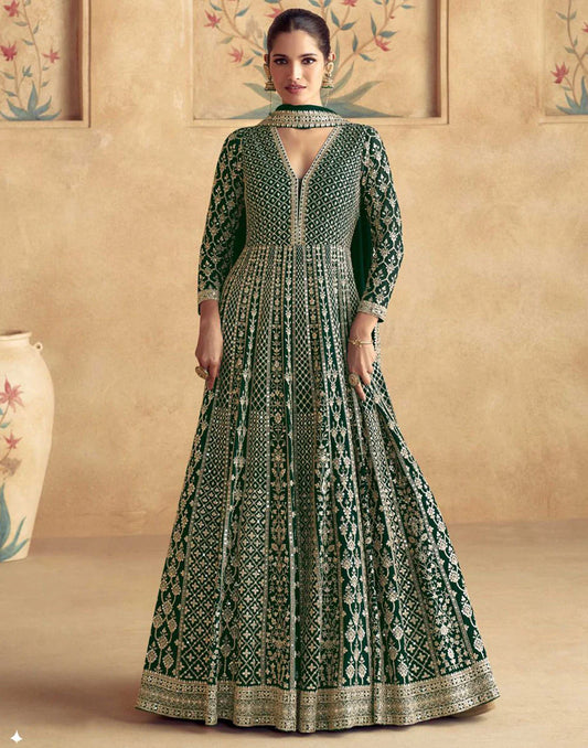 Green Viscose Velvet Embroidered Sequin Gown with Dupatta