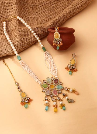 Multicolored Necklace Set with Earrings & Maang Tikka