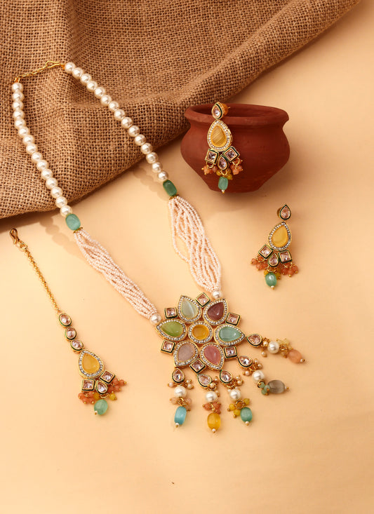 Multicolored Necklace Set with Earrings & Maang Tikka