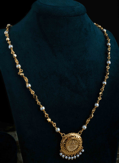 Long Gold and White Beaded Necklace with Laxmi Round Pendant