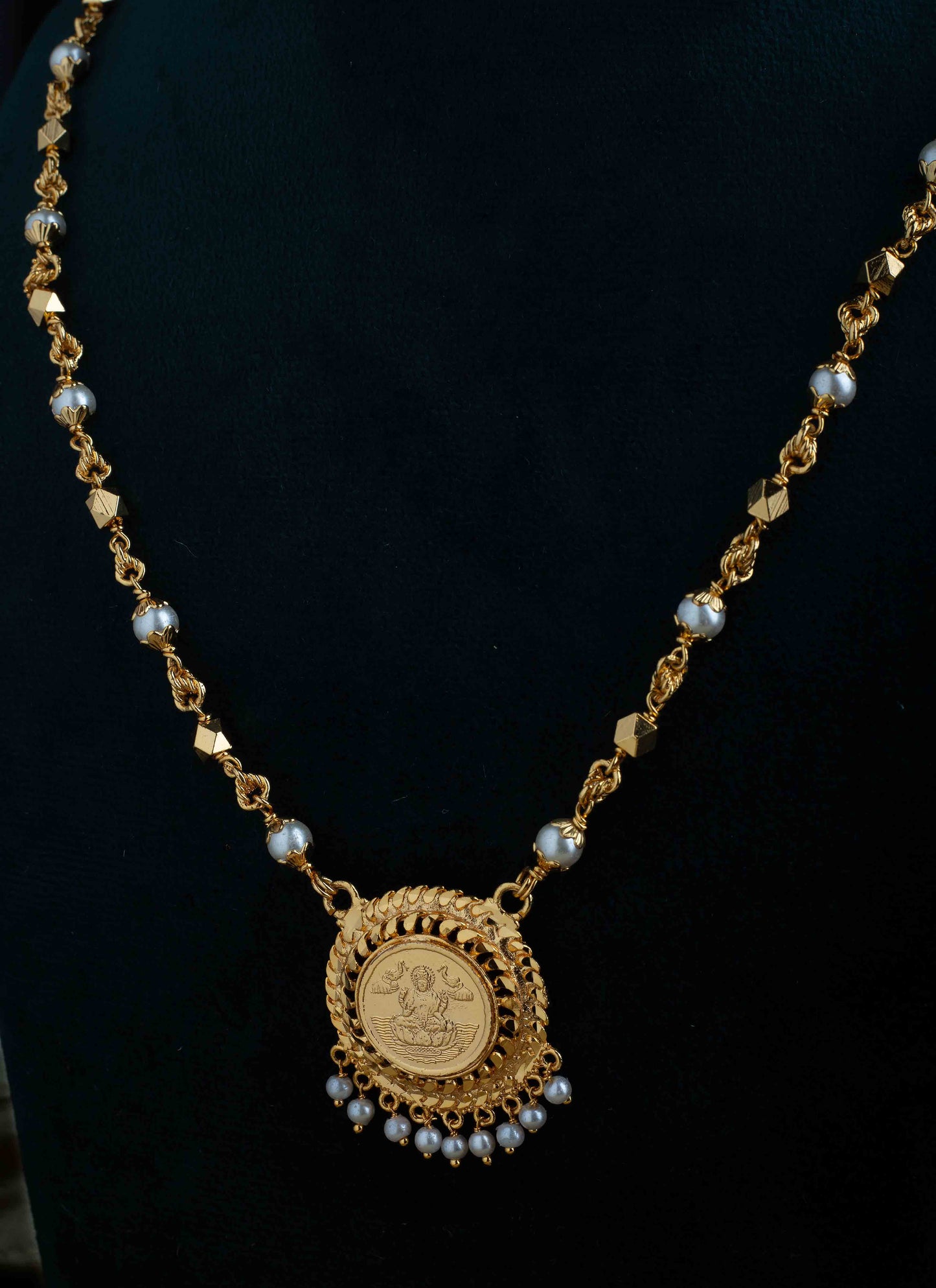 Long Gold and White Beaded Necklace with Laxmi Round Pendant