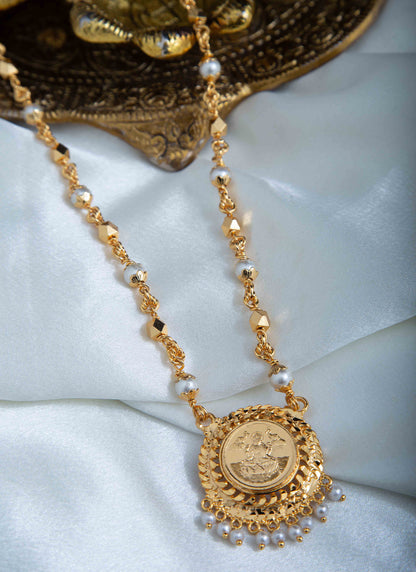 Long Gold and White Beaded Necklace with Laxmi Round Pendant