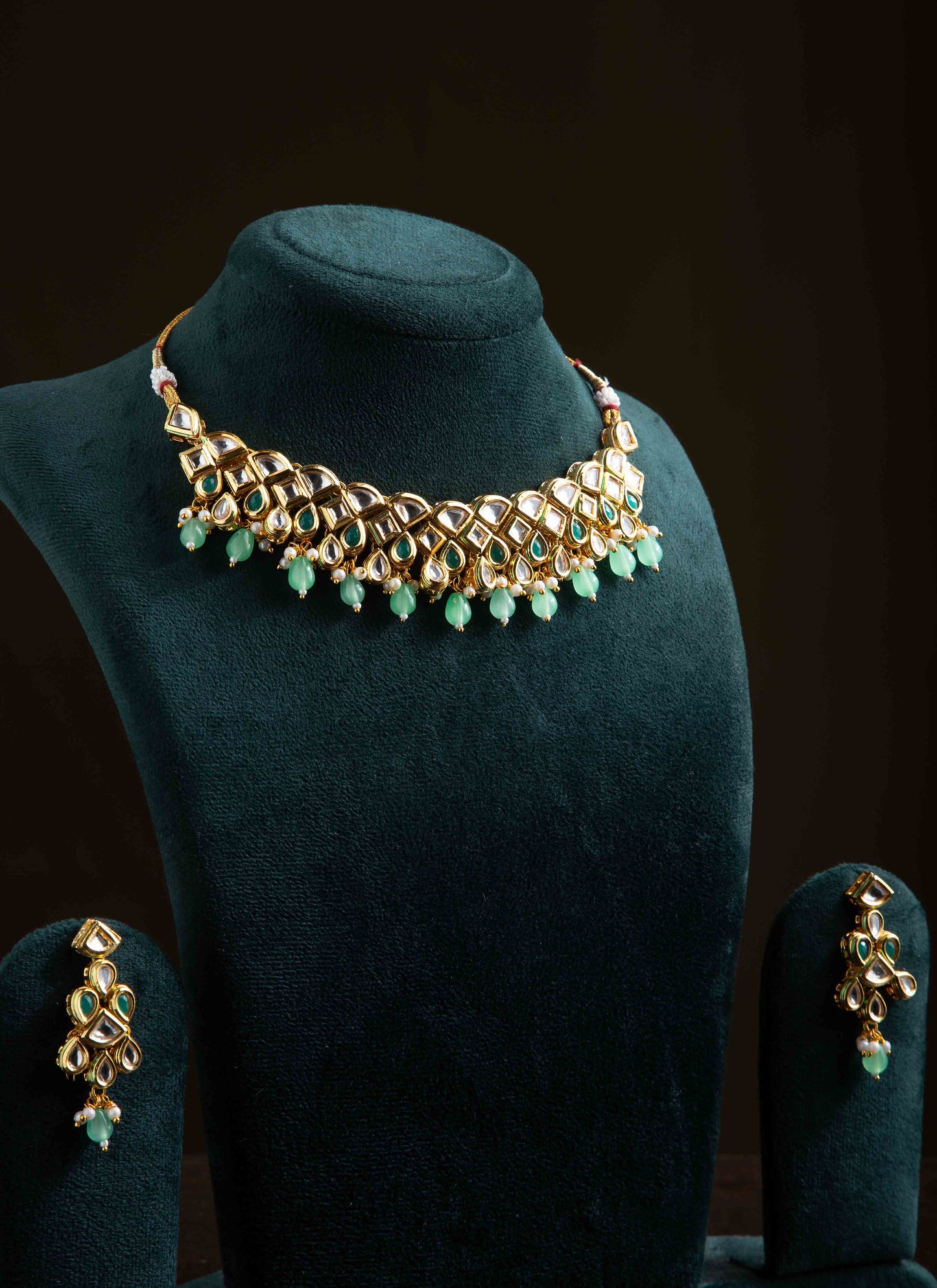 Kundan Necklace Set with Green Stones and Pastel Pearl Danglings