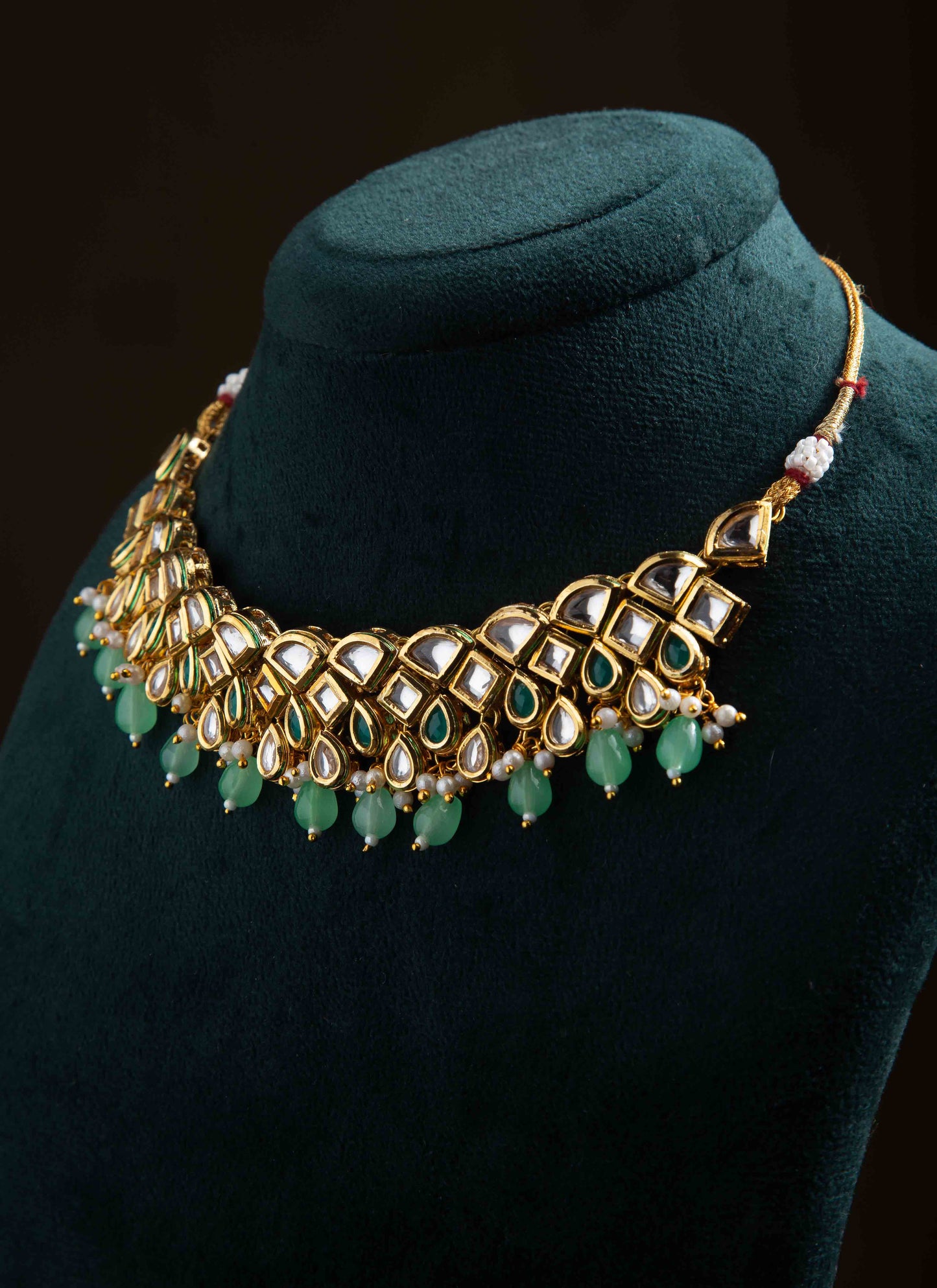 Kundan Necklace Set with Green Stones and Pastel Pearl Danglings