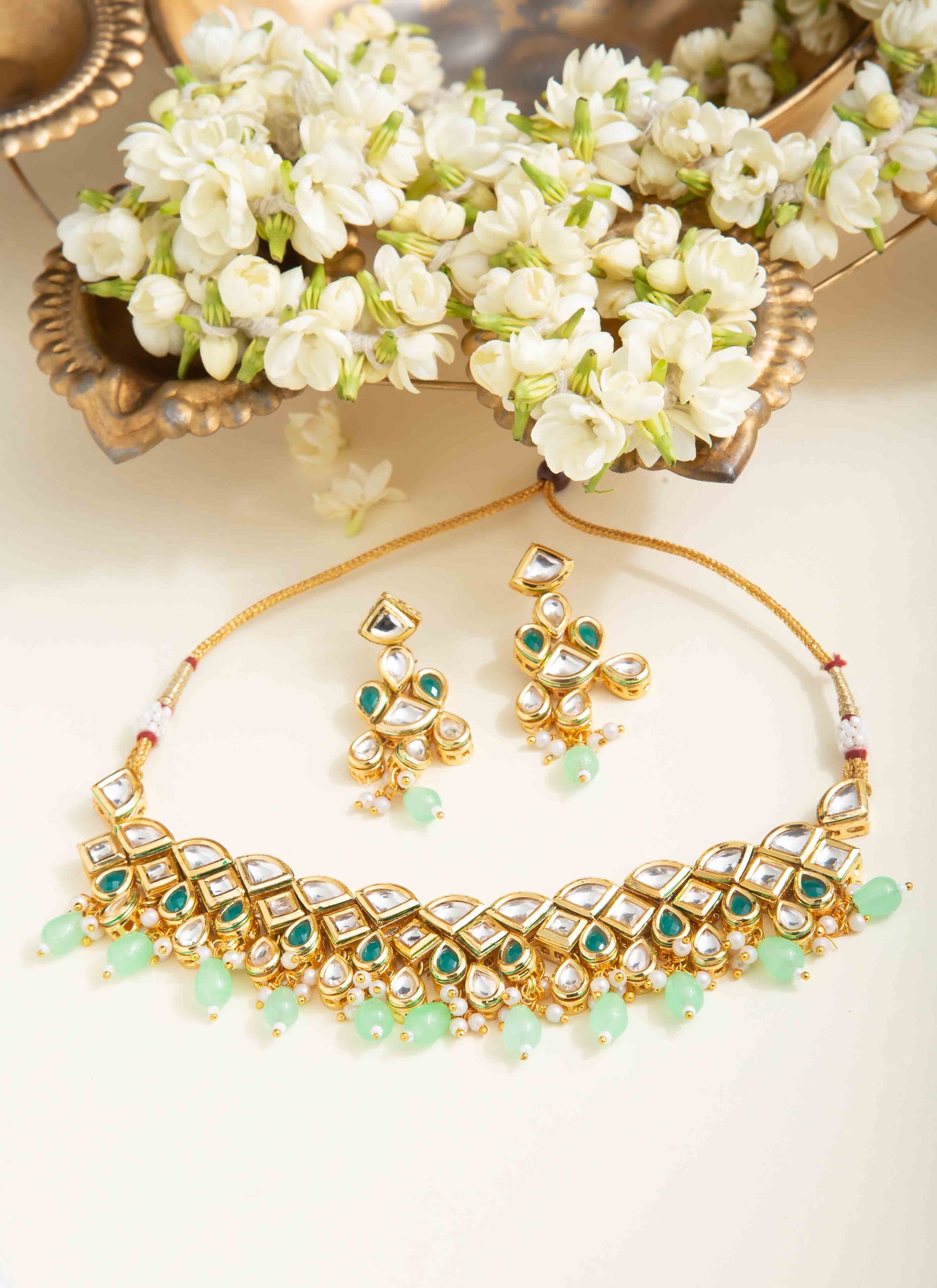 Kundan Necklace Set with Green Stones and Pastel Pearl Danglings