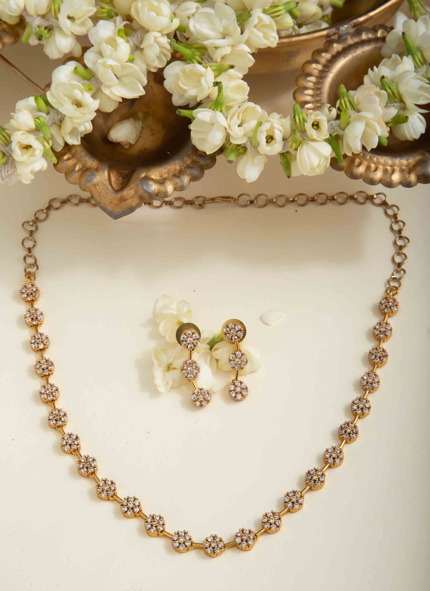 American Diamond Necklace Set with Delicate Floral Motifs