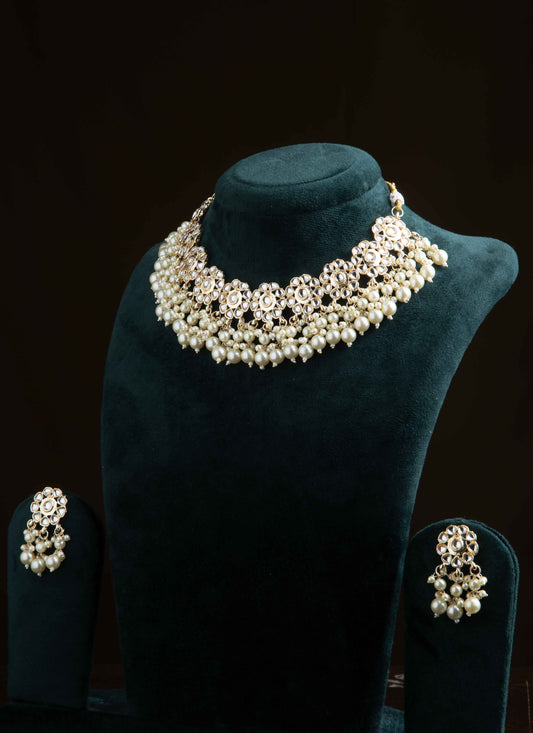 Gold Plated Necklace with Pearl Jhumkis and Stone Studded Earrings Set