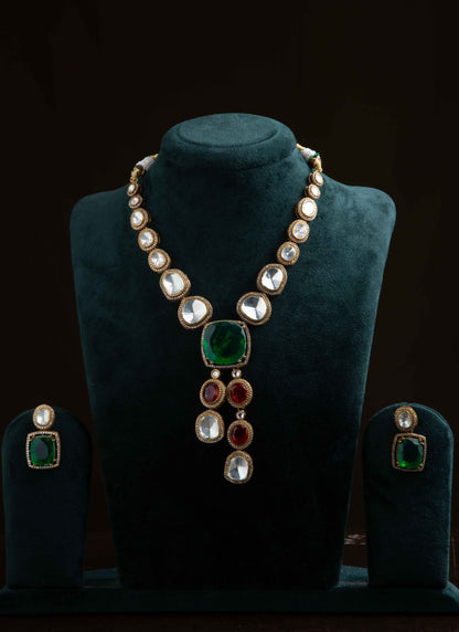 Gold Plated Necklace with Transparent Stones and Green Pendant Square Green Stone Earrings