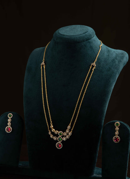 Gold Chain Necklace with Pink Stone Pendant and Matching Earrings