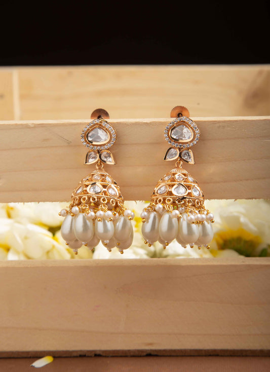 Classic Kundan Jhumka Earrings with White Drops