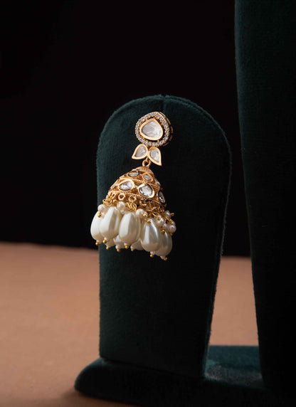 Classic Kundan Jhumka Earrings with White Drops