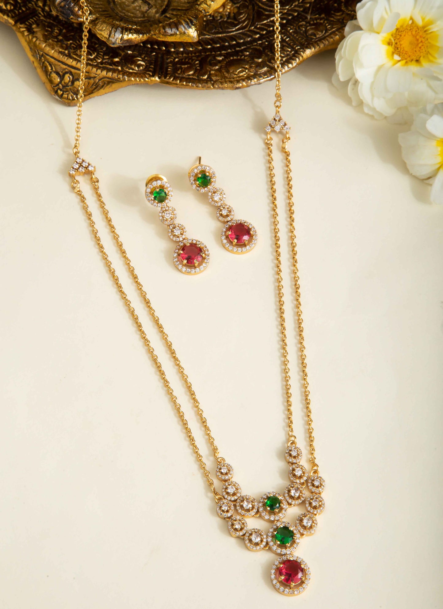 Gold Chain Necklace with Pink Stone Pendant and Matching Earrings