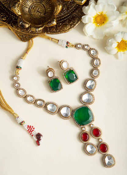 Gold Plated Necklace with Transparent Stones and Green Pendant Square Green Stone Earrings