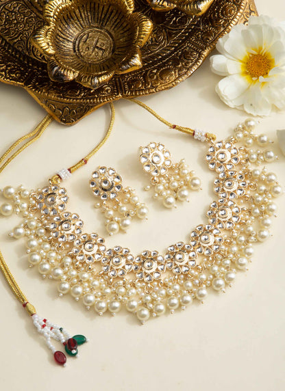 Gold Plated Necklace with Pearl Jhumkis and Stone Studded Earrings Set