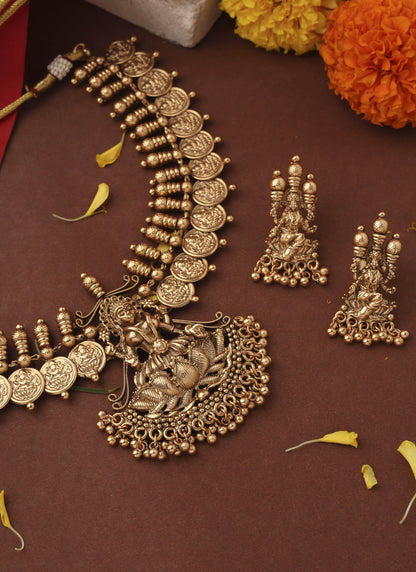 Gold Plated Lakshmi Coin Necklace Set with Lotus Lakshmi Motif