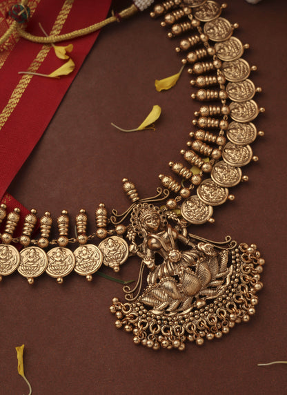 Gold Plated Lakshmi Coin Necklace Set with Lotus Lakshmi Motif