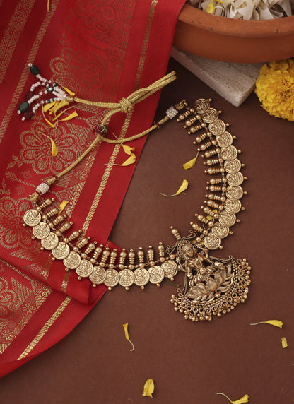 Gold Plated Lakshmi Coin Necklace Set with Lotus Lakshmi Motif