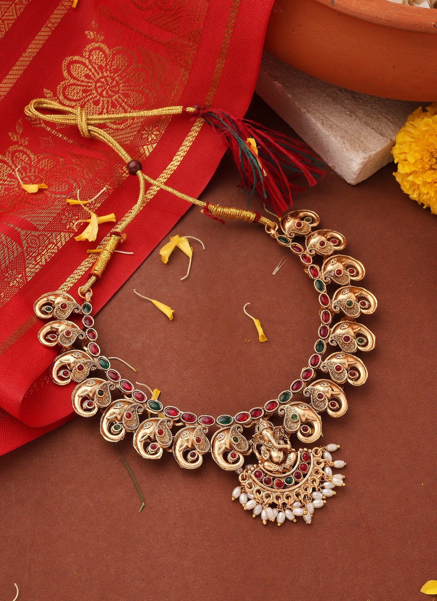 Gold Plated Ganpati Motif Choker Necklace Set