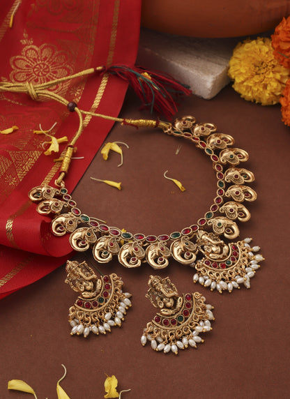 Gold Plated Ganpati Motif Choker Necklace Set