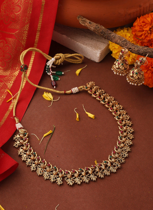 Gold Plated Necklace Set with Peacock Motif Design