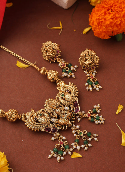 Gold Plated Lakshmi Pendant Necklace Set