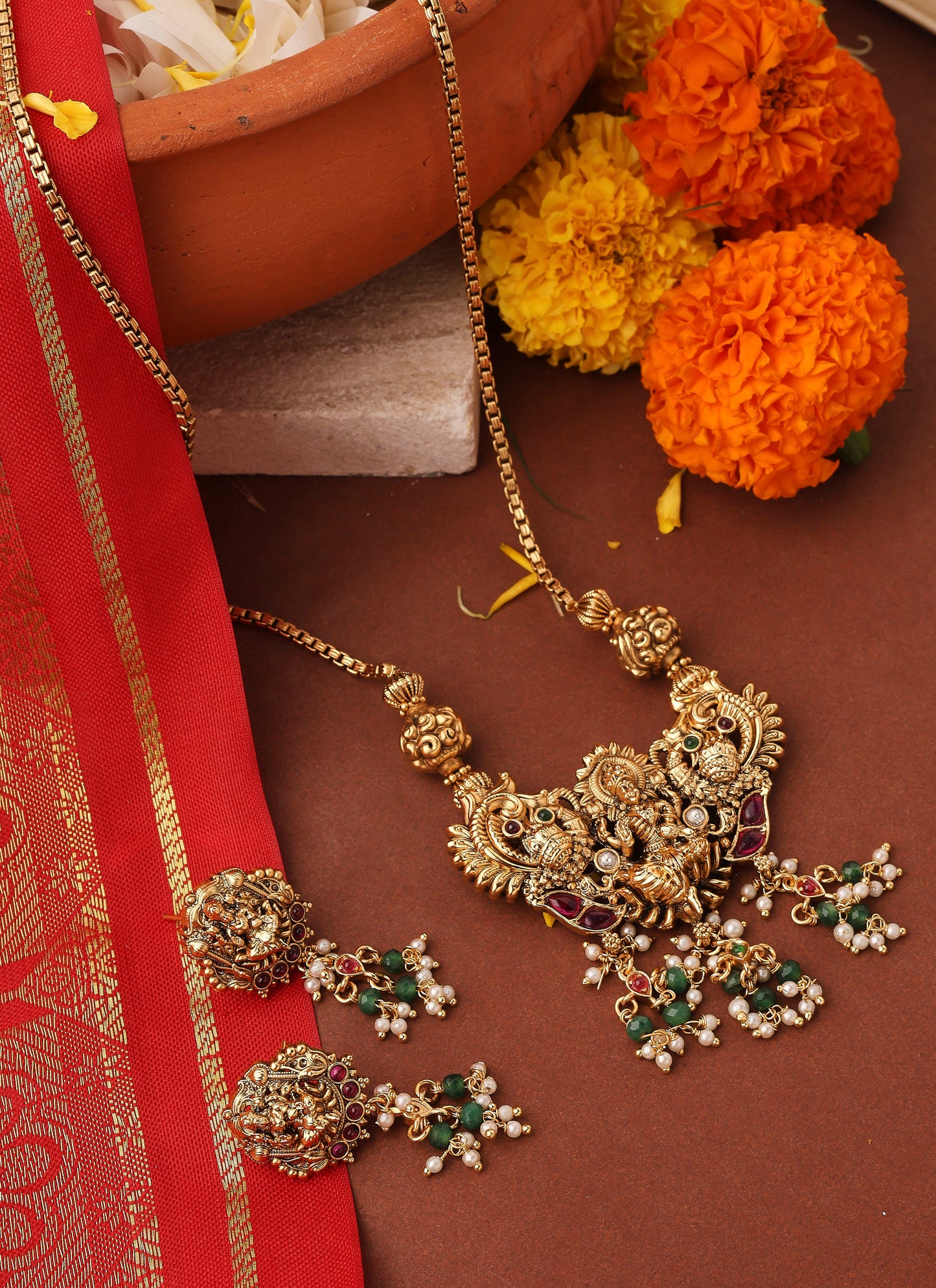 Gold Plated Lakshmi Pendant Necklace Set