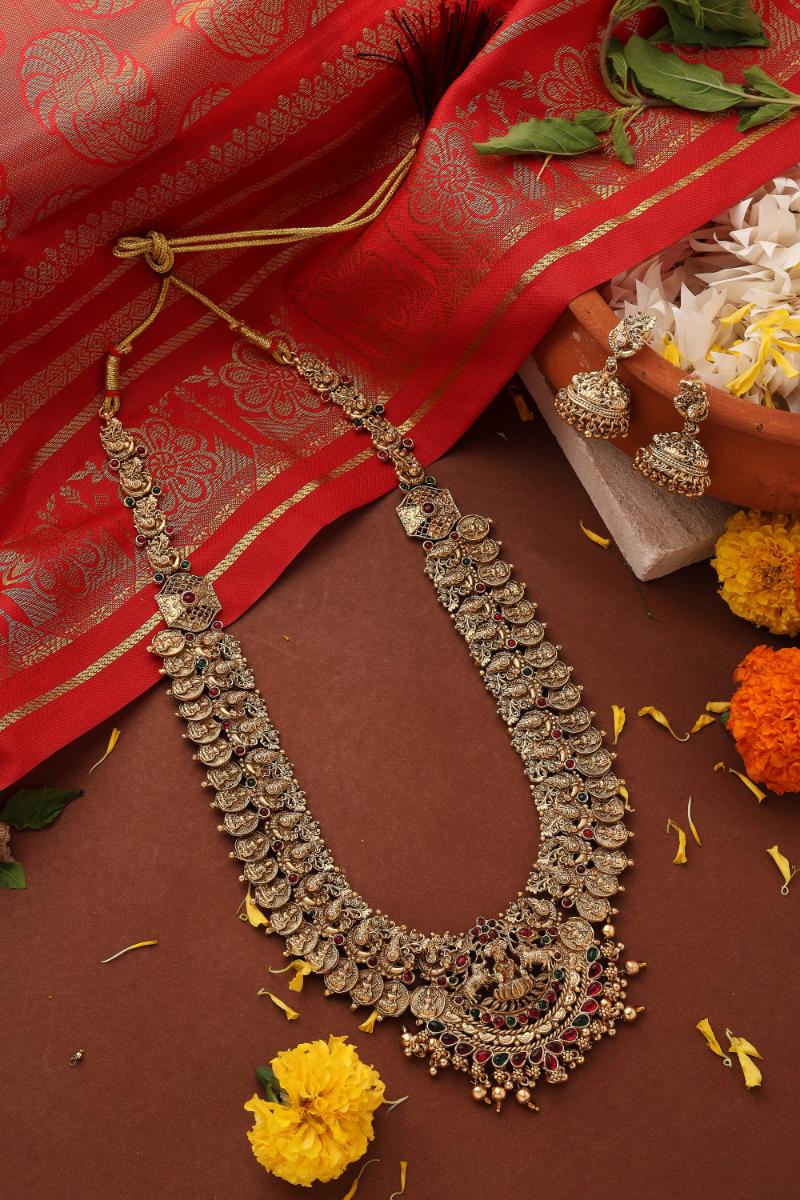 Long Lakshmi Coin Necklace Set with Lakshmi Motif Temple jewellery