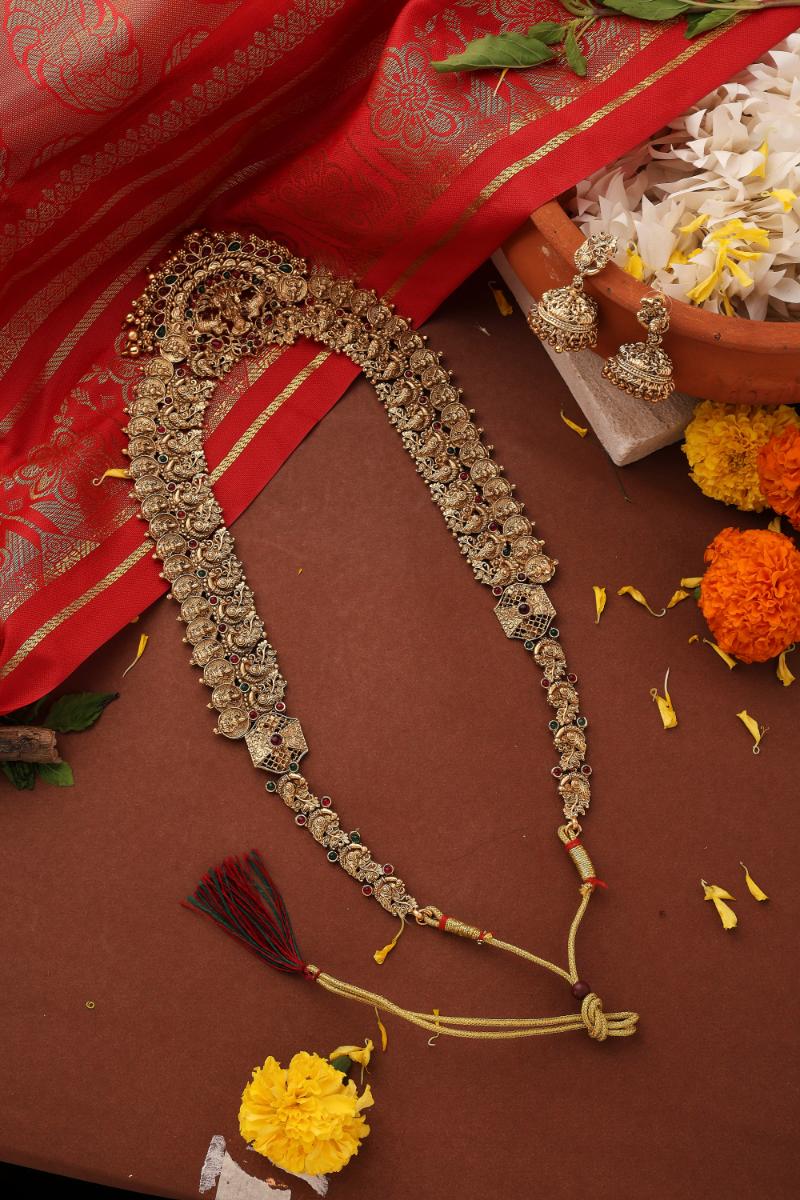 Long Lakshmi Coin Necklace Set with Lakshmi Motif Temple jewellery