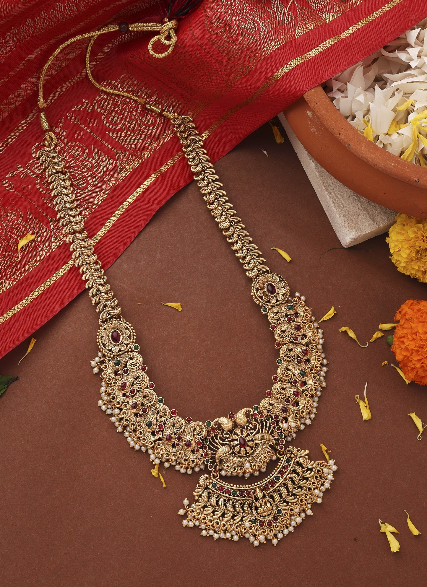 Long Statement Temple Jewellery Necklace with Kari Motif