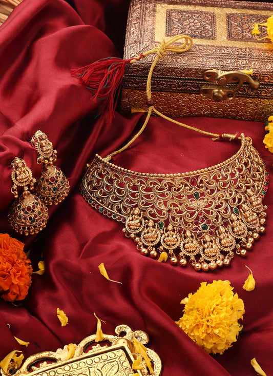 Gold Plated Statement Choker Set with Lakshmi Motif and Intricate Designs