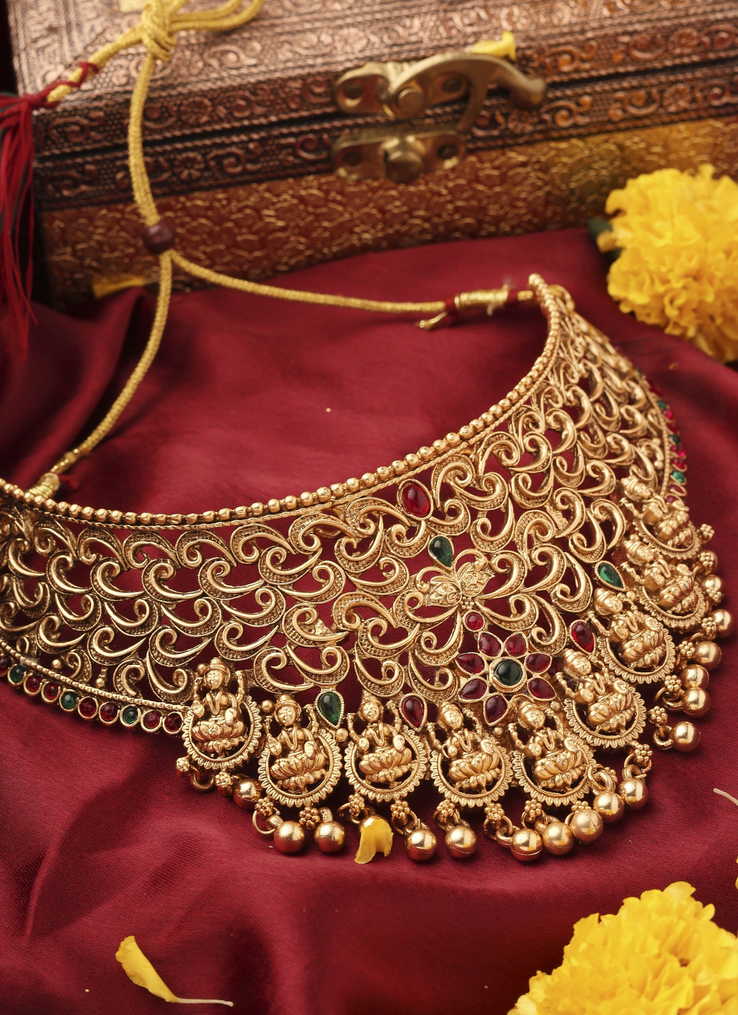 Gold Plated Statement Choker Set with Lakshmi Motif and Intricate Designs