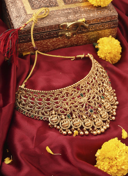 Gold Plated Statement Choker Set with Lakshmi Motif and Intricate Designs