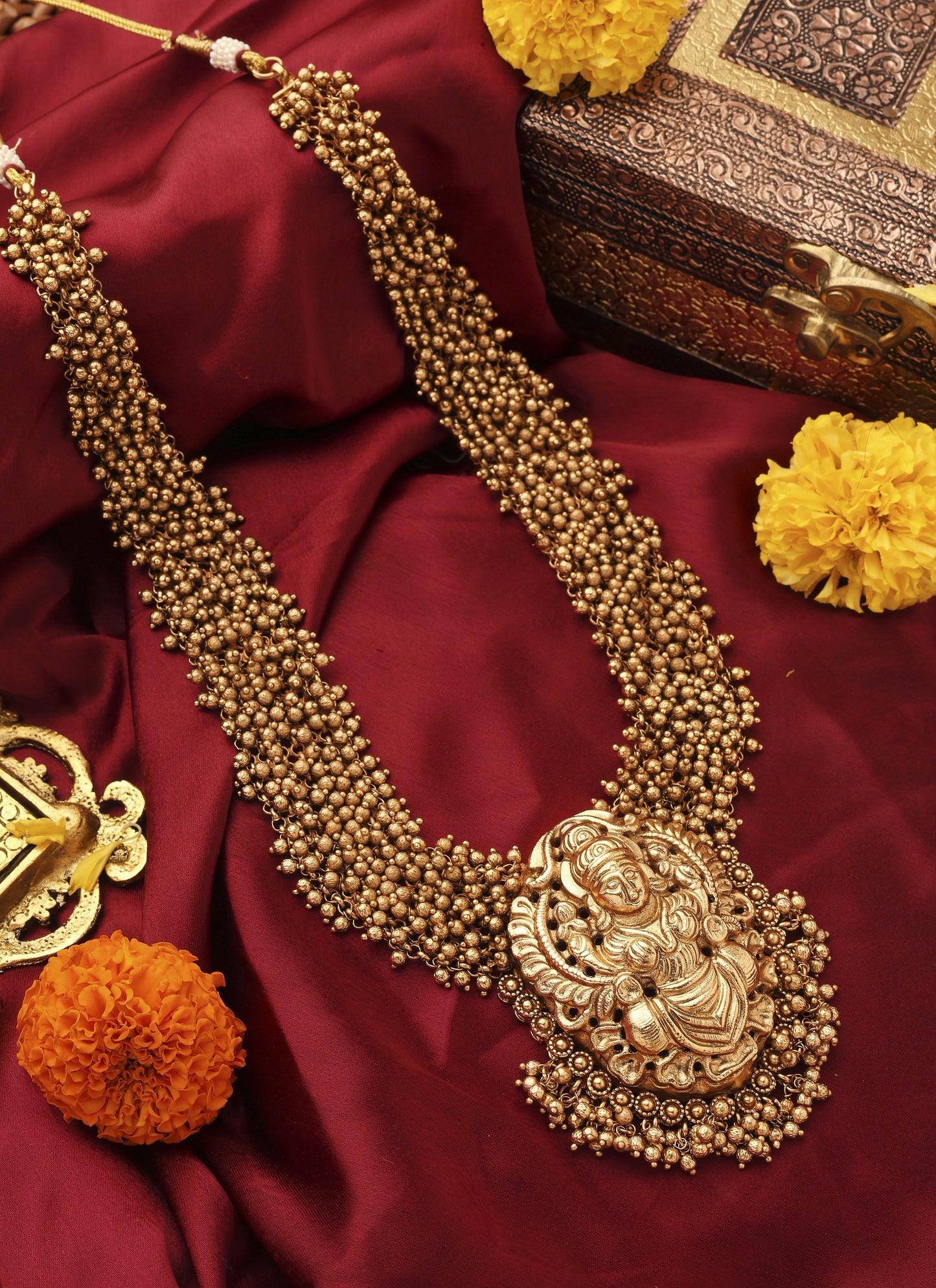 Antique Gold Lakshmi Necklace with Beaded Layers