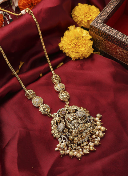 South Temple Style Gold Plated Necklace Set with American Stone Studded Lakshmi Motif Pendant