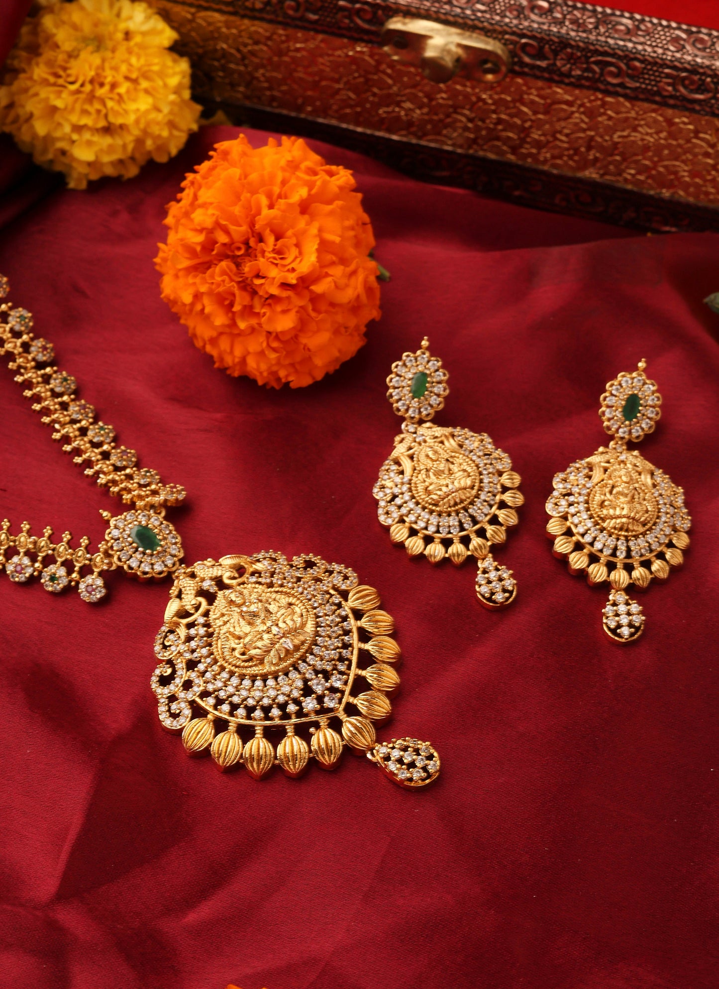 Gold Plated South Temple Style Necklace Set with American Stone Studded Lakshmi Motif Pendant